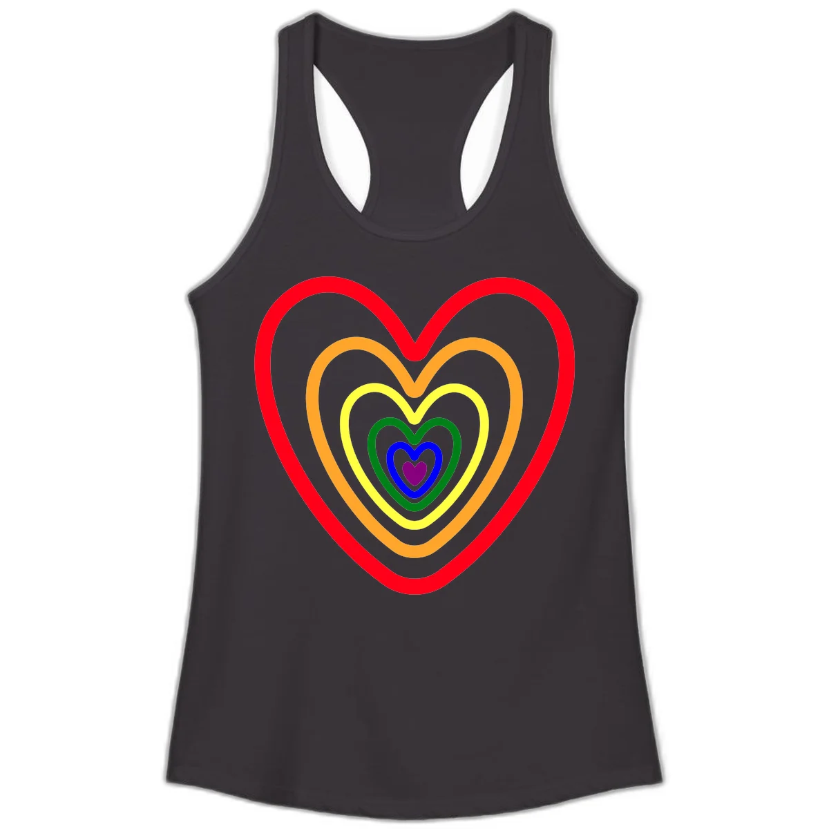 Five nested rainbow heart outlines in red, orange, yellow, green, blue, and purple with a solid purple center heart on gray background in Black