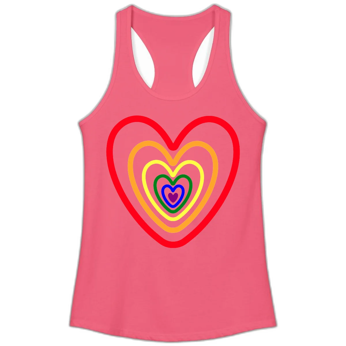 Five nested rainbow heart outlines in red, orange, yellow, green, blue, and purple with a solid purple center heart on gray background in Hot Pink