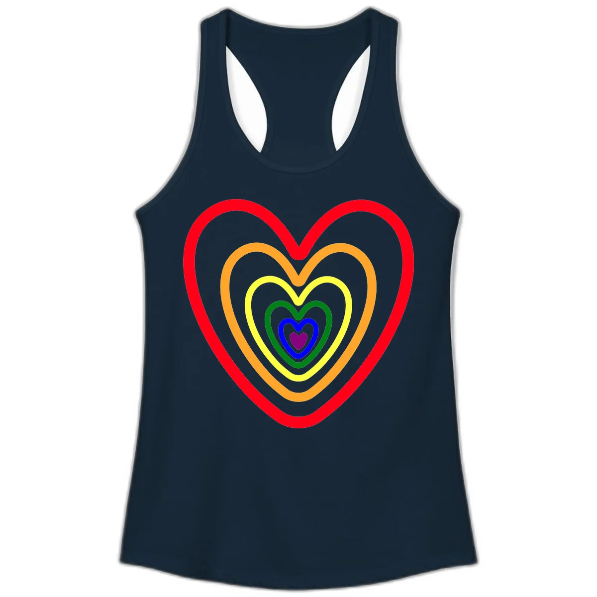 Five nested rainbow heart outlines in red, orange, yellow, green, blue, and purple with a solid purple center heart on gray background in Solid Midnight Navy