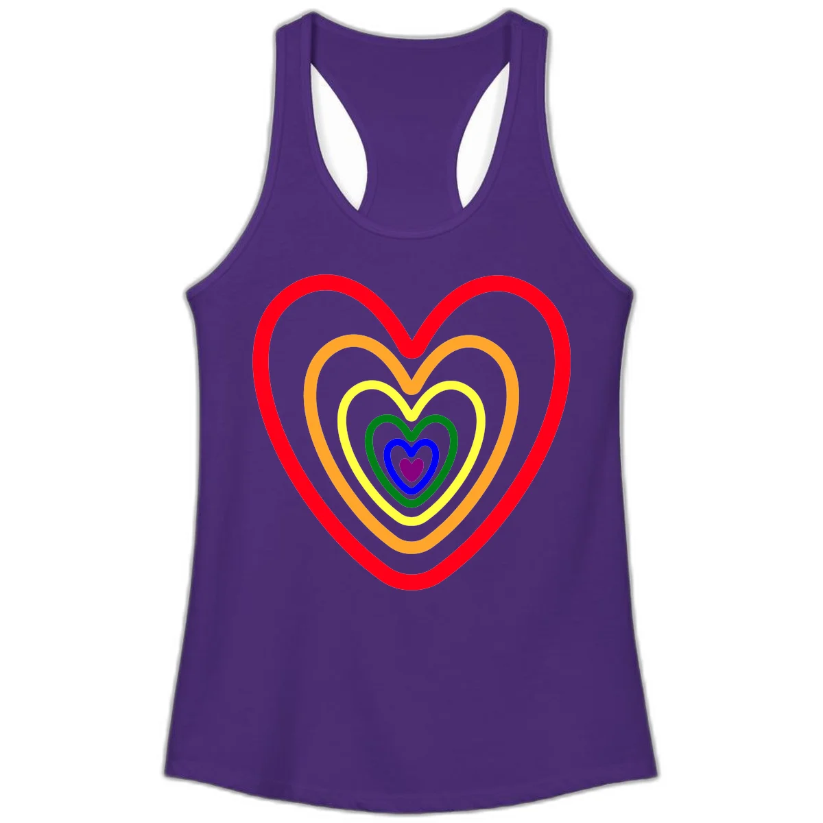 Five nested rainbow heart outlines in red, orange, yellow, green, blue, and purple with a solid purple center heart on gray background in Solid Purple Rush