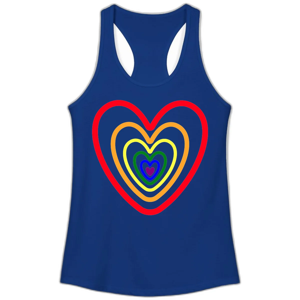 Five nested rainbow heart outlines in red, orange, yellow, green, blue, and purple with a solid purple center heart on gray background in Solid Royal