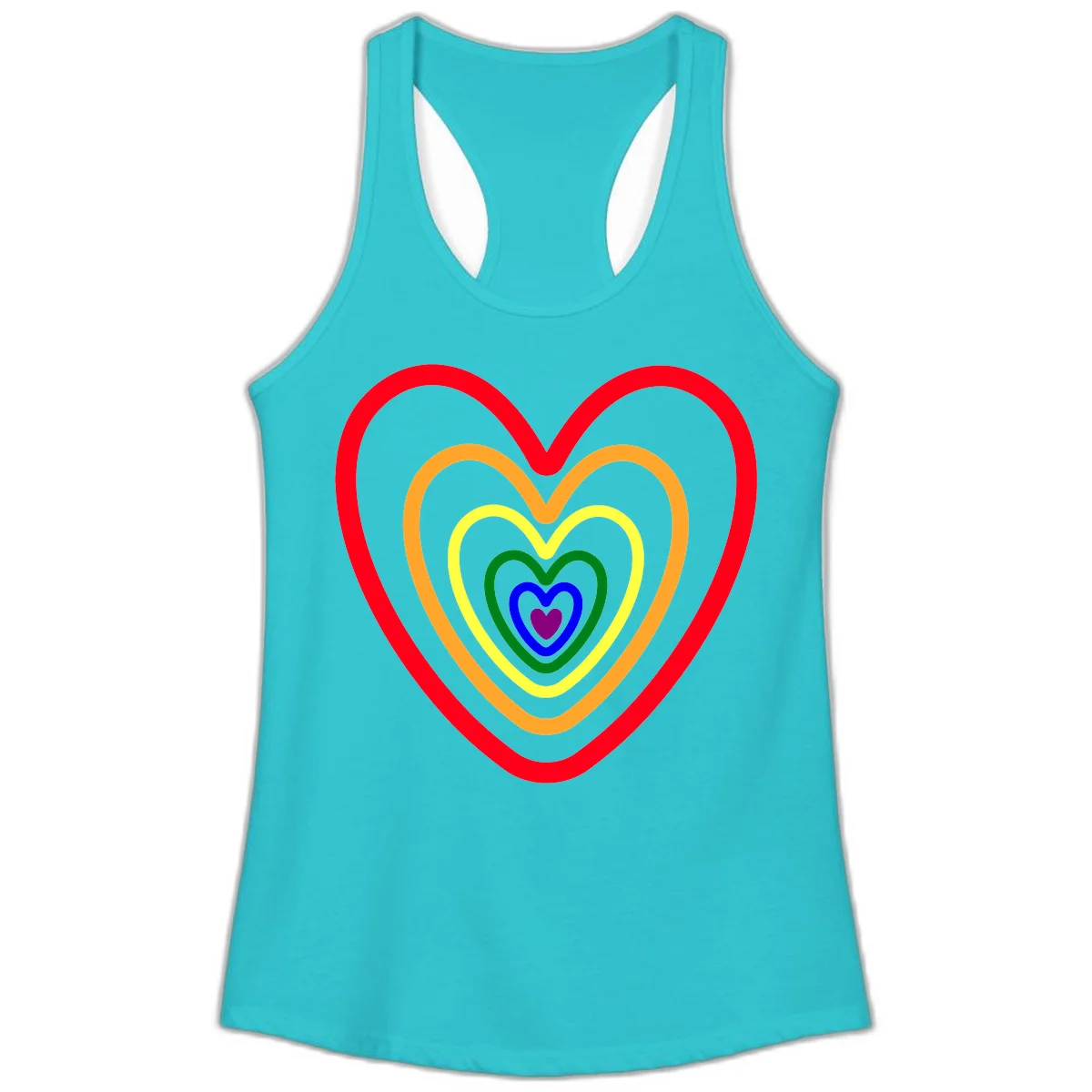 Five nested rainbow heart outlines in red, orange, yellow, green, blue, and purple with a solid purple center heart on gray background in Solid Tahiti Blue