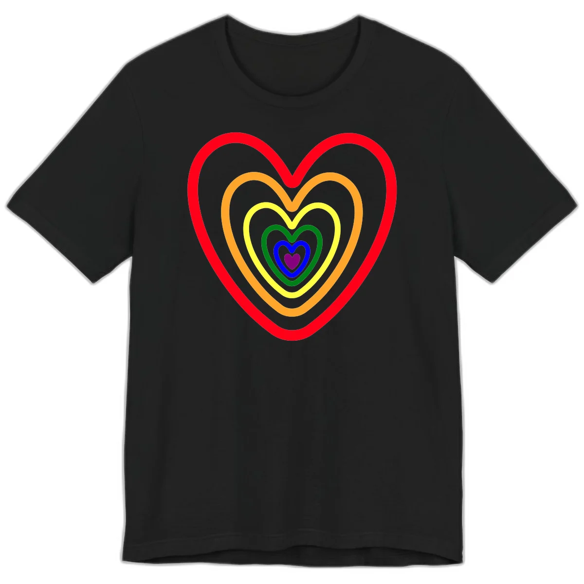 Five nested rainbow heart outlines in red, orange, yellow, green, blue, and purple with a solid purple center heart on gray background in Black
