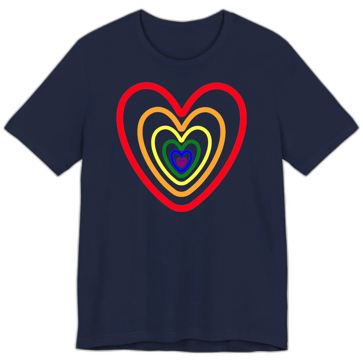 Five nested rainbow heart outlines in red, orange, yellow, green, blue, and purple with a solid purple center heart on gray background in Navy