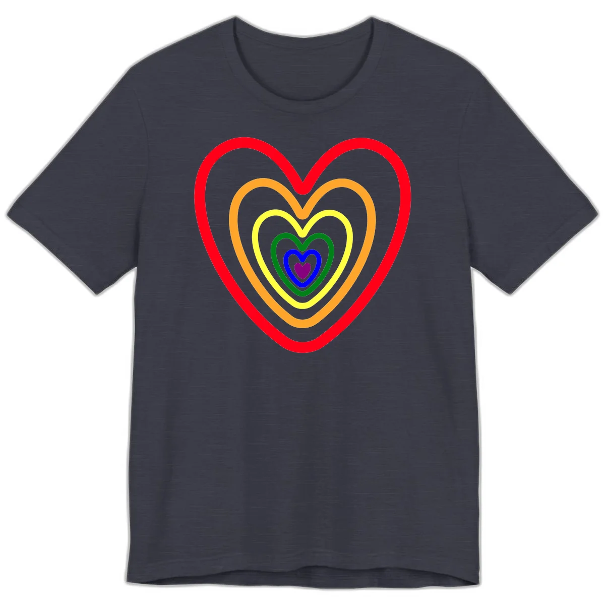Five nested rainbow heart outlines in red, orange, yellow, green, blue, and purple with a solid purple center heart on gray background in Heather Midnight Navy