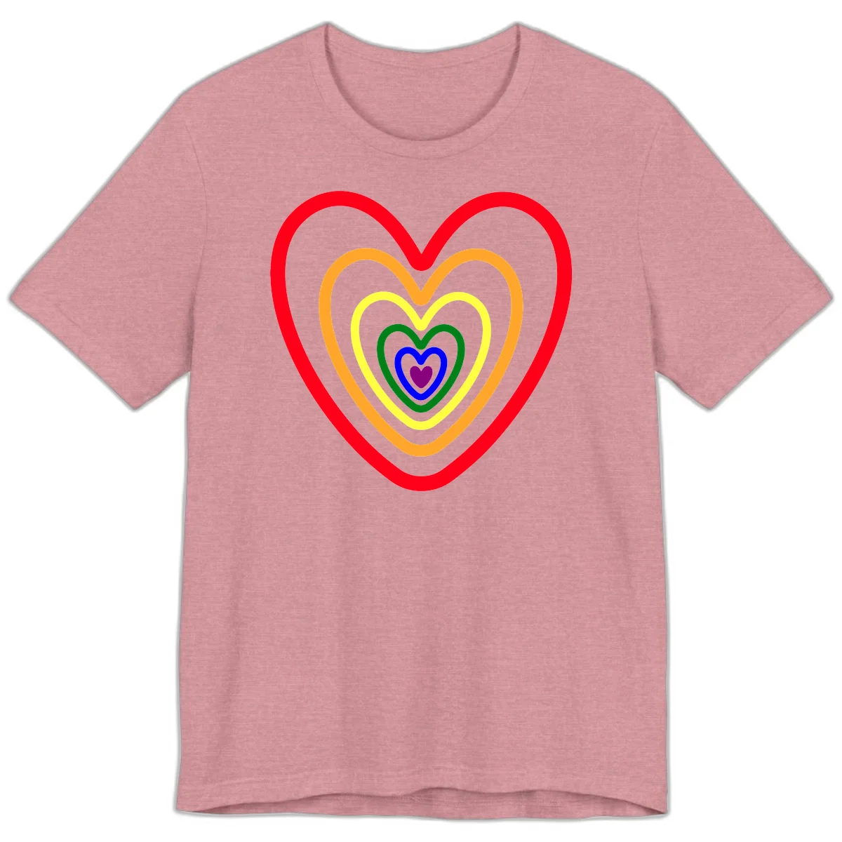 Five nested rainbow heart outlines in red, orange, yellow, green, blue, and purple with a solid purple center heart on gray background in Heather Orchid