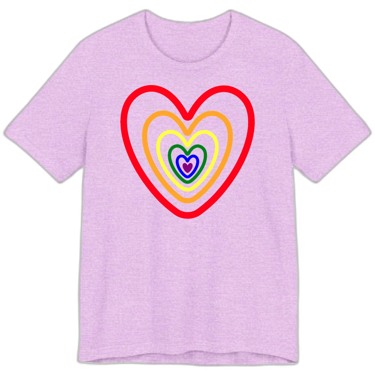 Five nested rainbow heart outlines in red, orange, yellow, green, blue, and purple with a solid purple center heart on gray background in Heather Prism Lilac