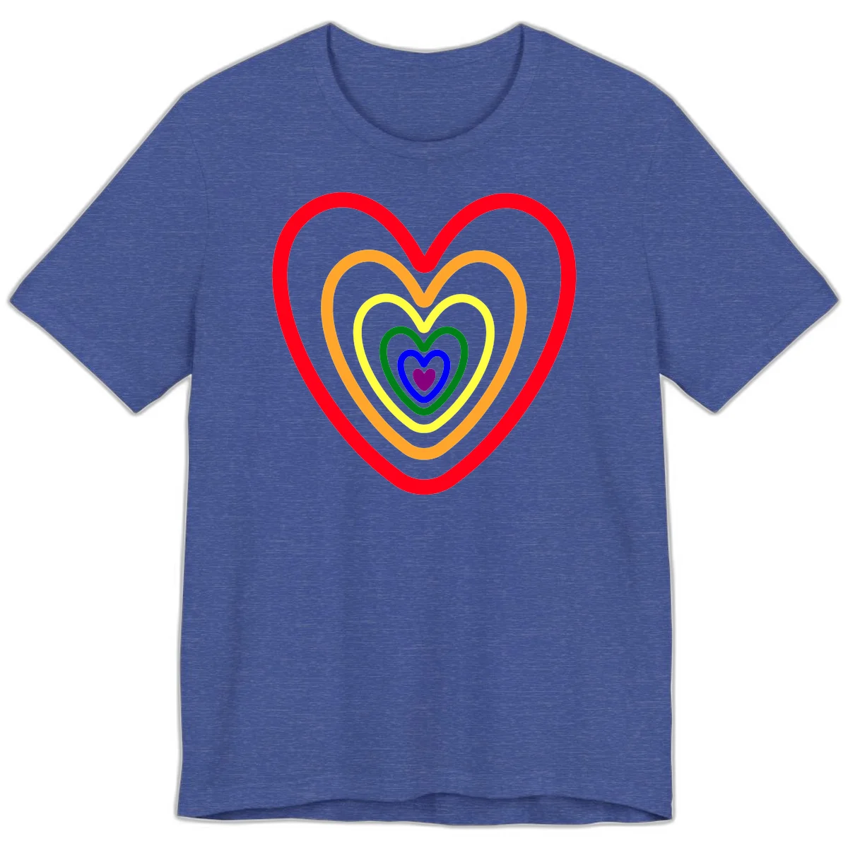 Five nested rainbow heart outlines in red, orange, yellow, green, blue, and purple with a solid purple center heart on gray background in Heather True Royal