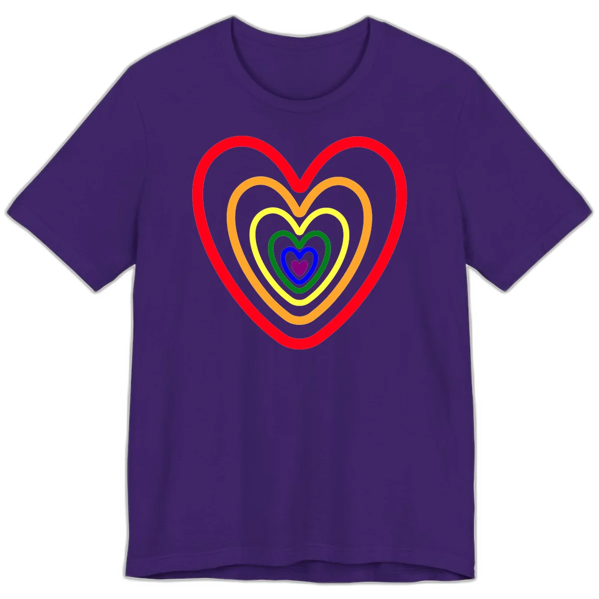 Five nested rainbow heart outlines in red, orange, yellow, green, blue, and purple with a solid purple center heart on gray background in Team Purple