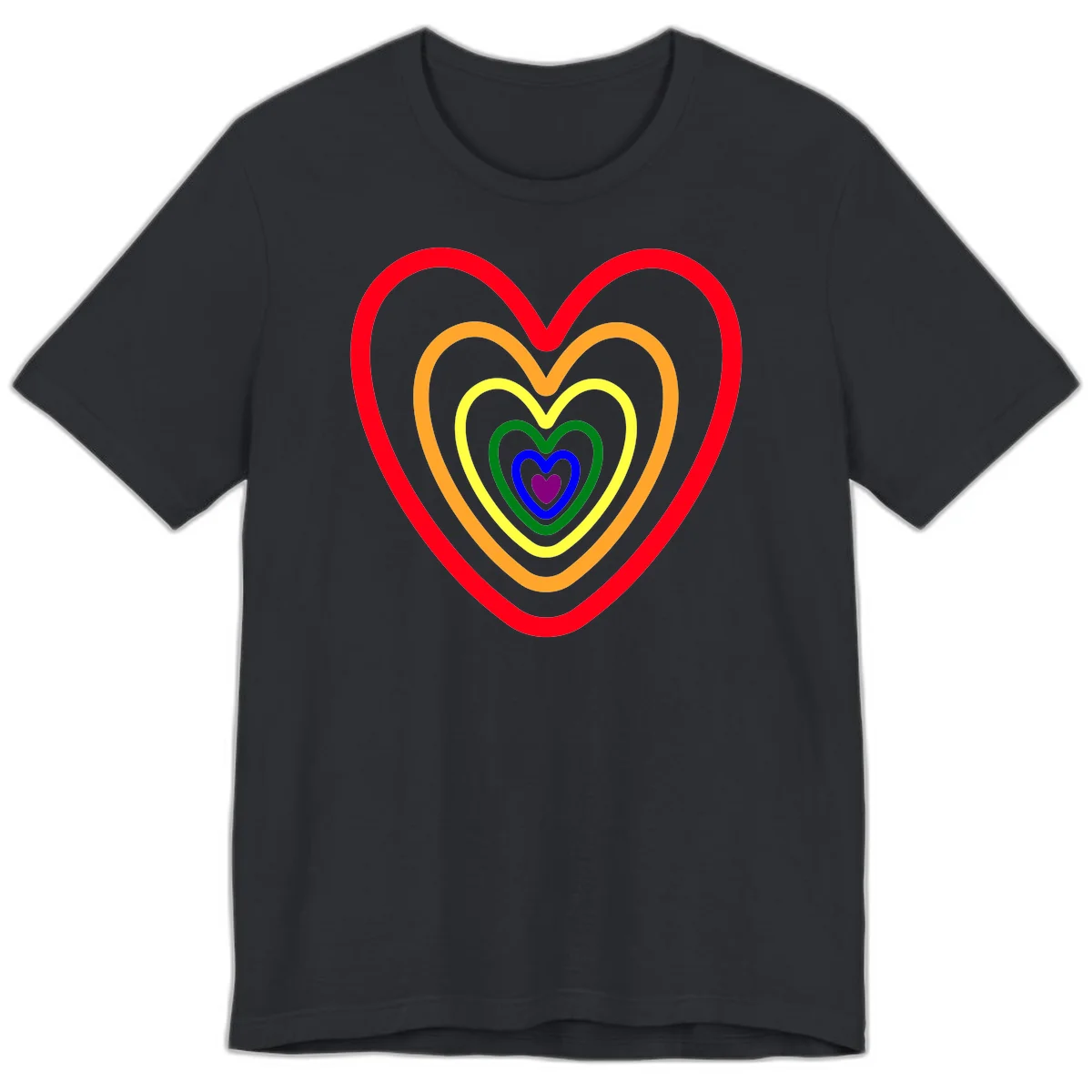 Five nested rainbow heart outlines in red, orange, yellow, green, blue, and purple with a solid purple center heart on gray background in Vintage Black