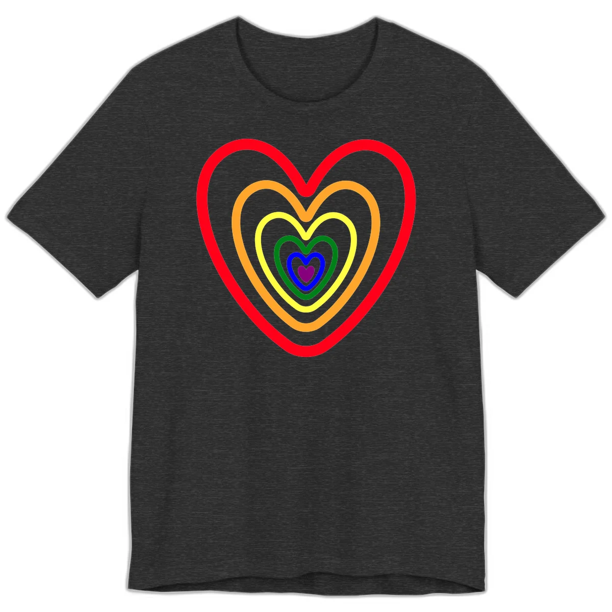 Five nested rainbow heart outlines in red, orange, yellow, green, blue, and purple with a solid purple center heart on gray background in Dark Grey Heather