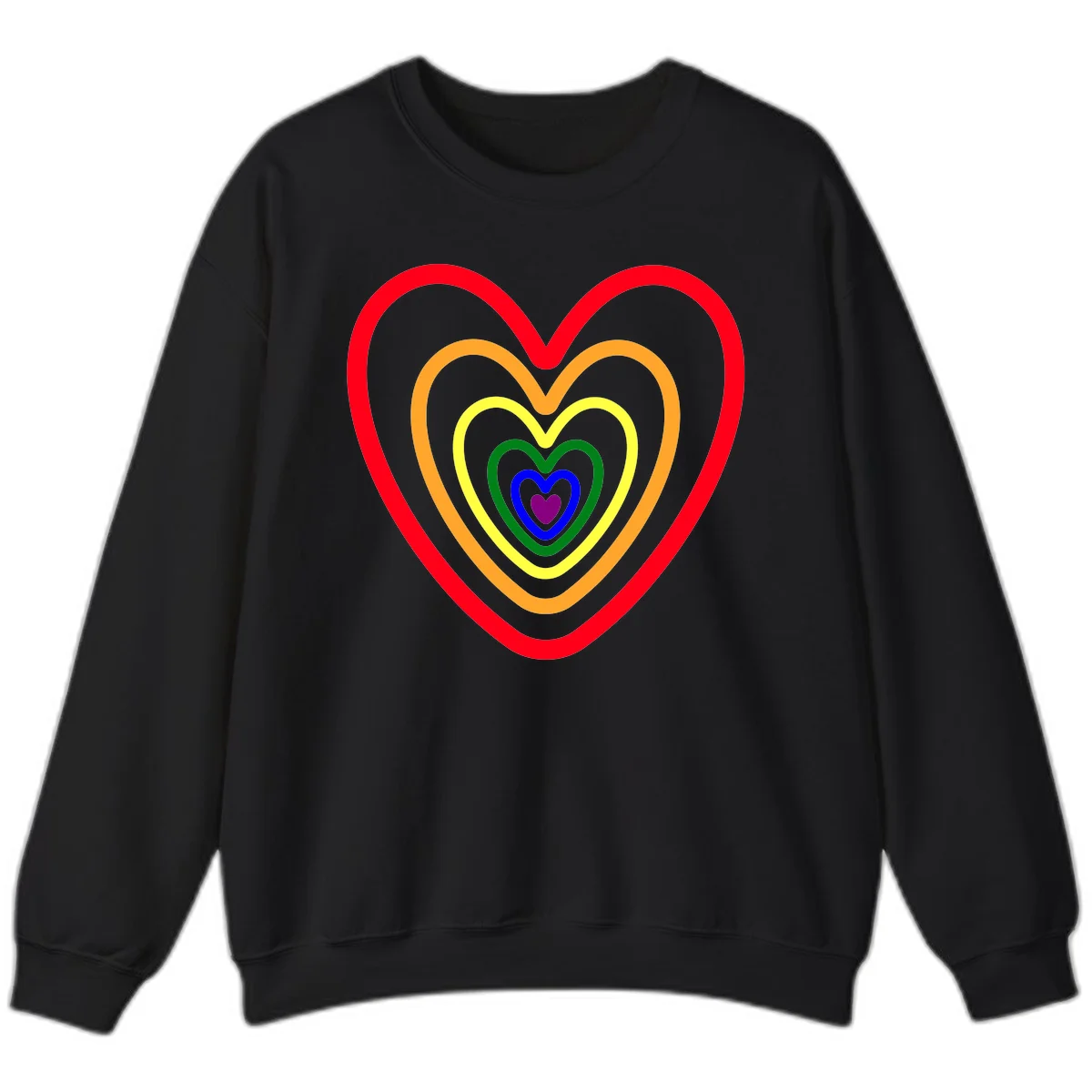 Five nested rainbow heart outlines in red, orange, yellow, green, blue, and purple with a solid purple center heart on gray background in Black