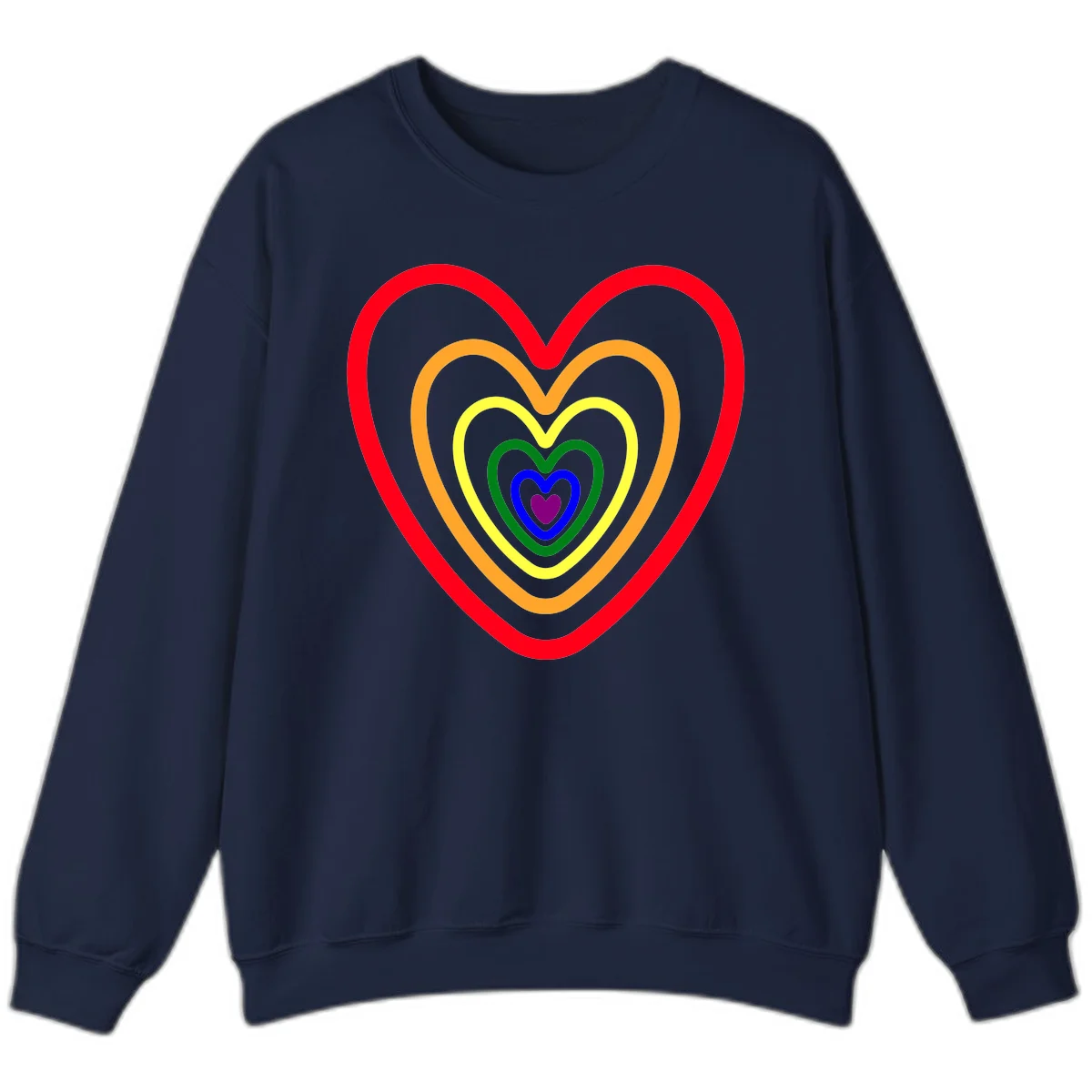Five nested rainbow heart outlines in red, orange, yellow, green, blue, and purple with a solid purple center heart on gray background in Navy