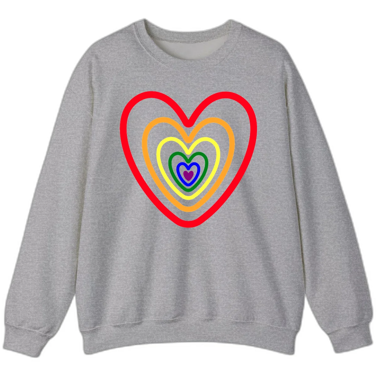 Five nested rainbow heart outlines in red, orange, yellow, green, blue, and purple with a solid purple center heart on gray background in Sport Grey