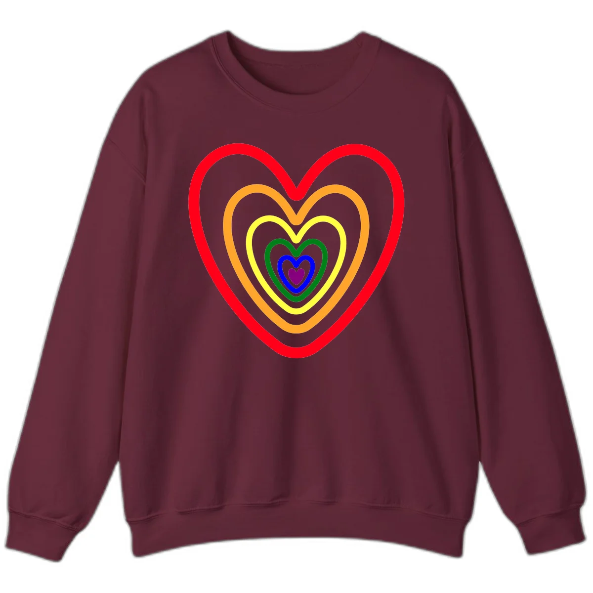 Five nested rainbow heart outlines in red, orange, yellow, green, blue, and purple with a solid purple center heart on gray background in Maroon