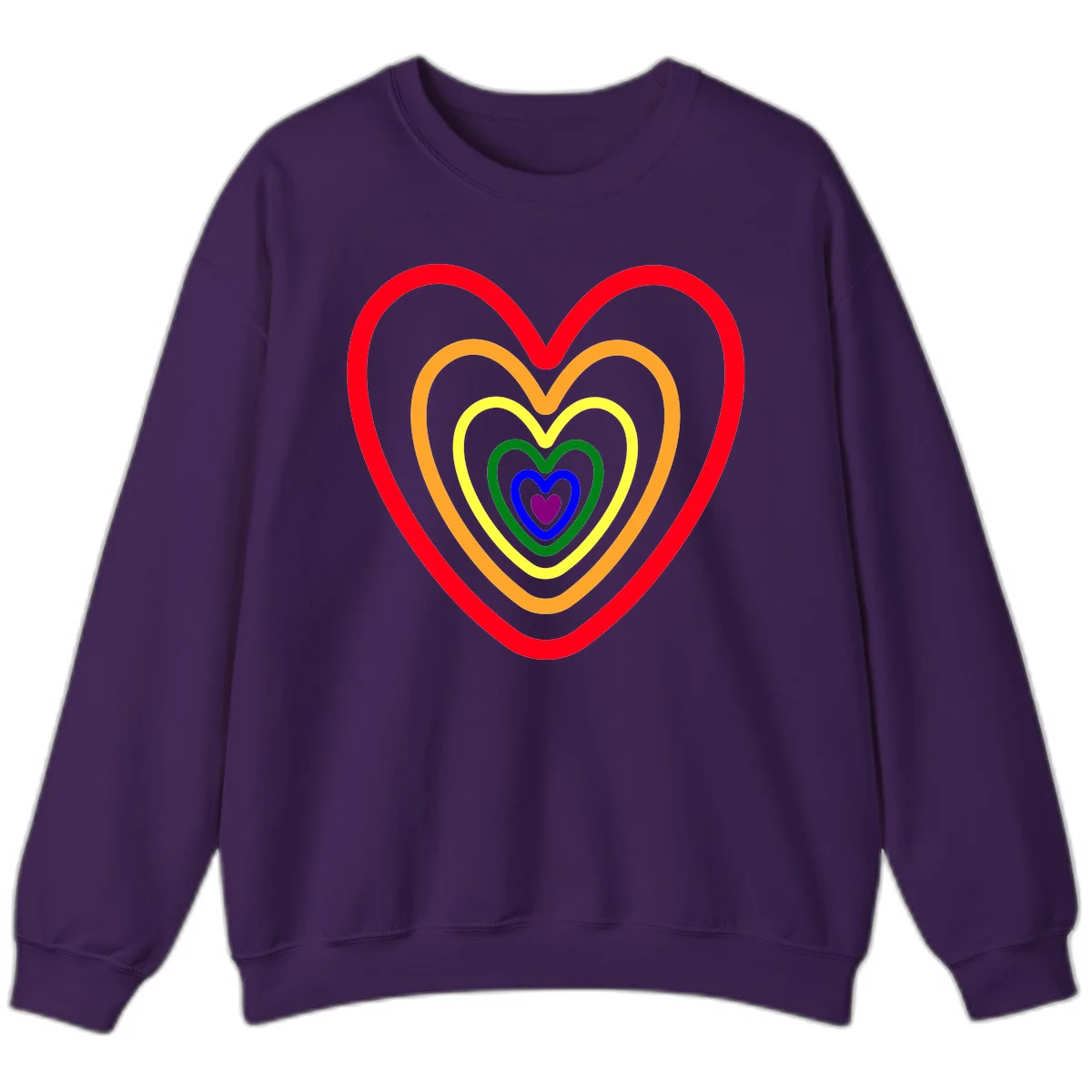 Five nested rainbow heart outlines in red, orange, yellow, green, blue, and purple with a solid purple center heart on gray background in Purple
