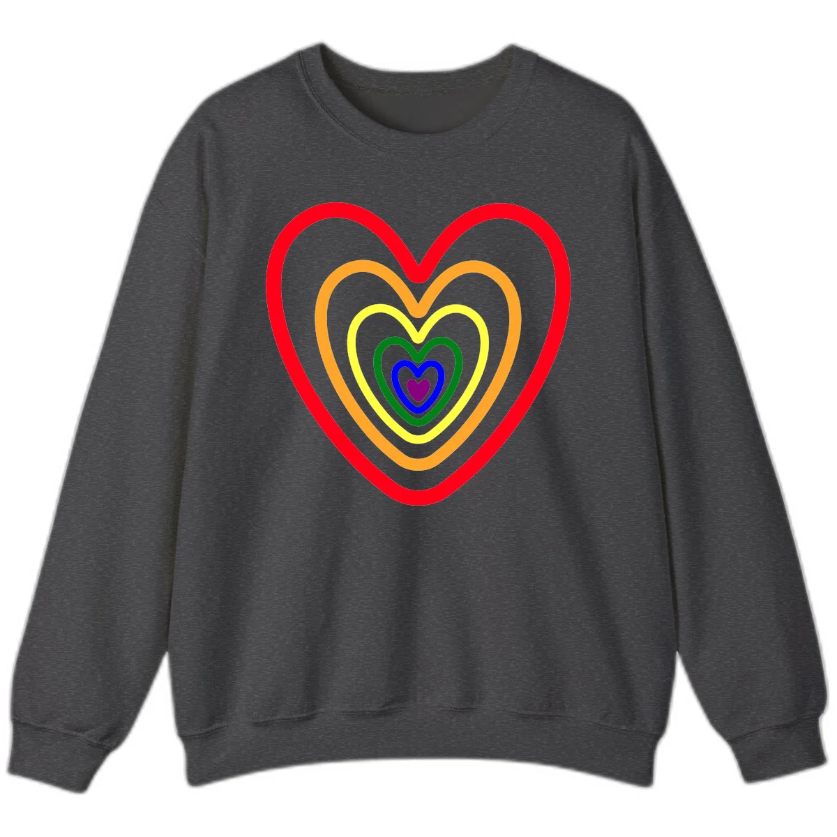 Five nested rainbow heart outlines in red, orange, yellow, green, blue, and purple with a solid purple center heart on gray background in Dark Heather