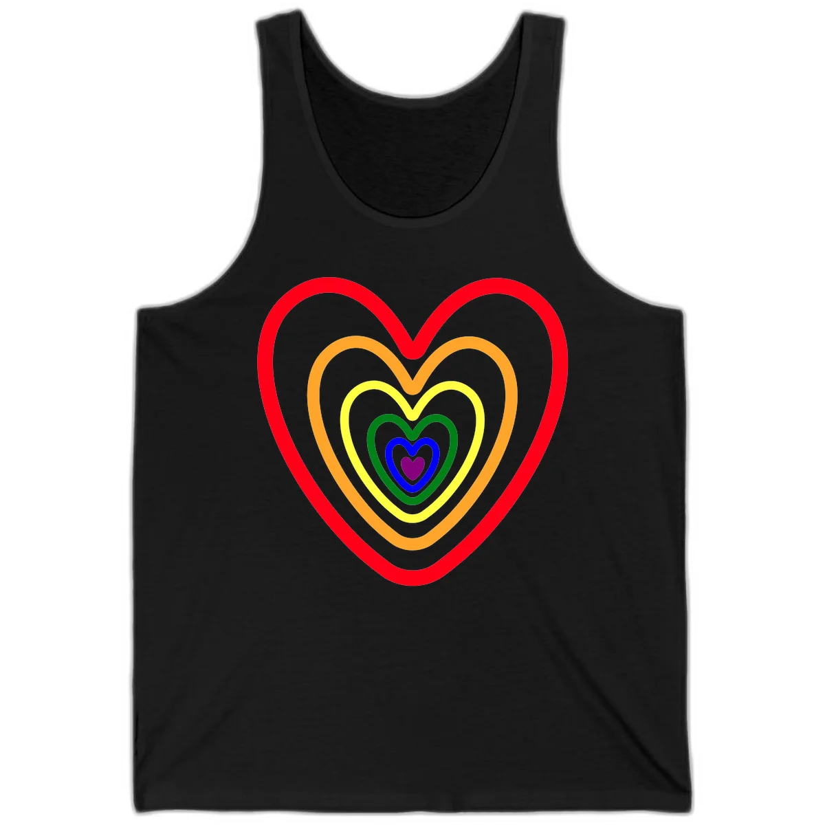 Five nested rainbow heart outlines in red, orange, yellow, green, blue, and purple with a solid purple center heart on gray background in Black