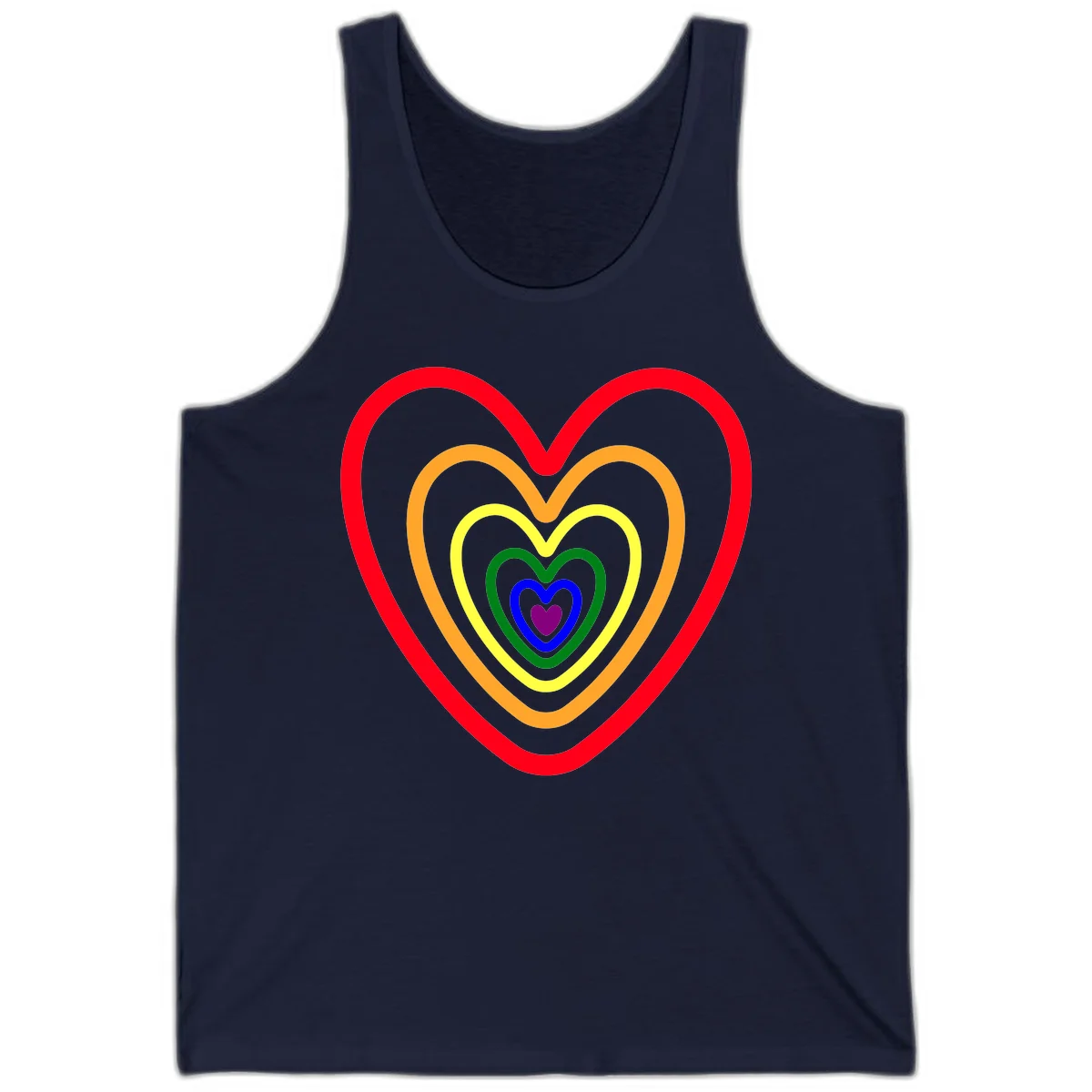 Five nested rainbow heart outlines in red, orange, yellow, green, blue, and purple with a solid purple center heart on gray background in Navy