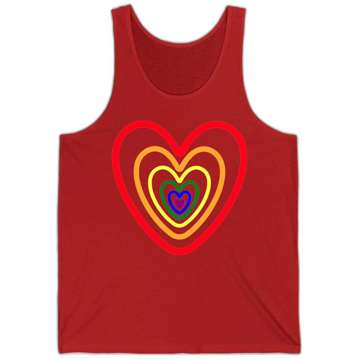 Five nested rainbow heart outlines in red, orange, yellow, green, blue, and purple with a solid purple center heart on gray background in Red