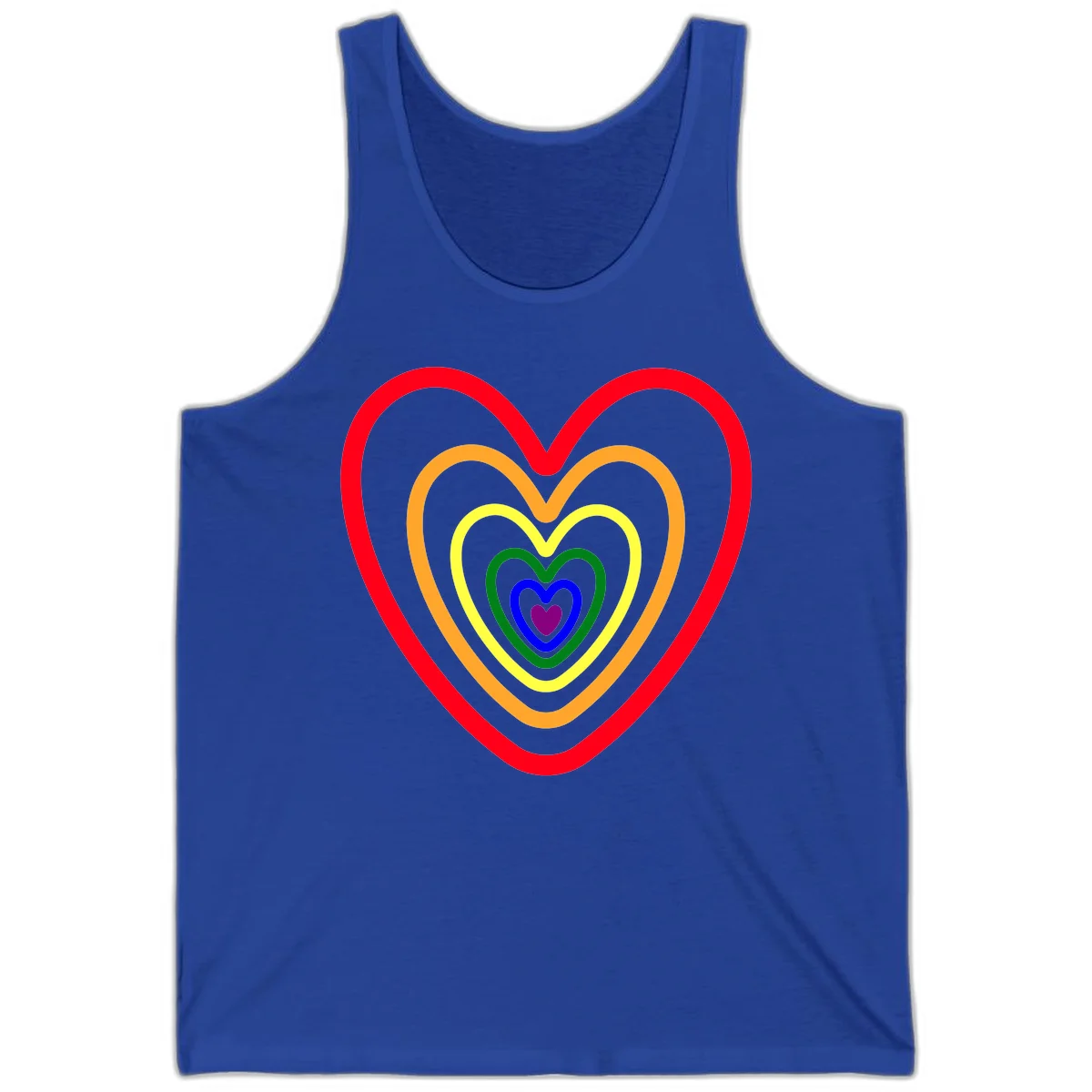 Five nested rainbow heart outlines in red, orange, yellow, green, blue, and purple with a solid purple center heart on gray background in True Royal