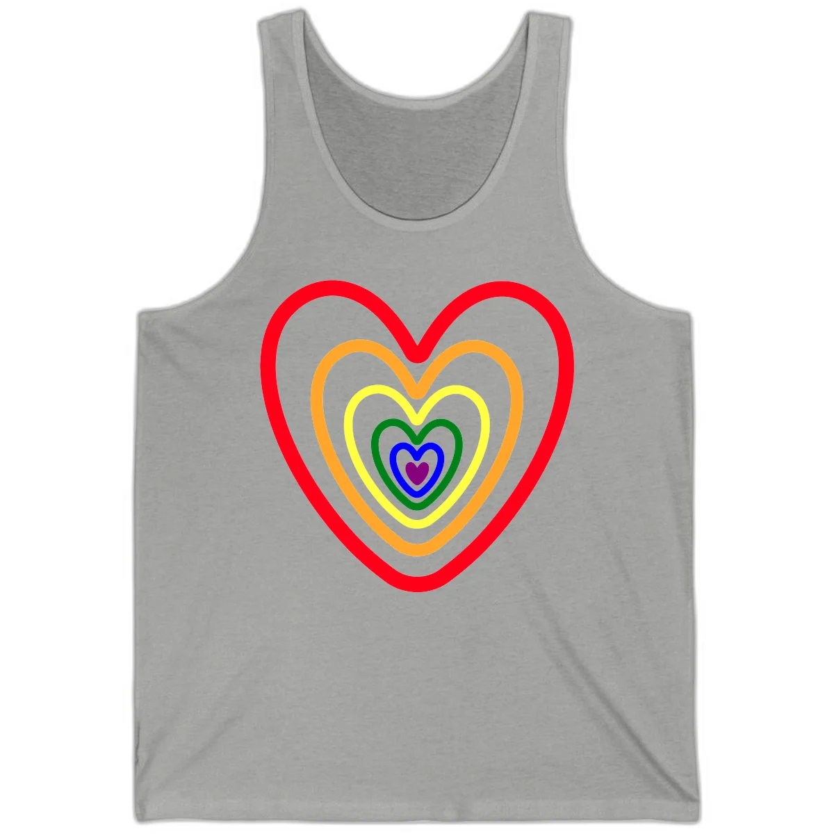 Five nested rainbow heart outlines in red, orange, yellow, green, blue, and purple with a solid purple center heart on gray background in Athletic Heather