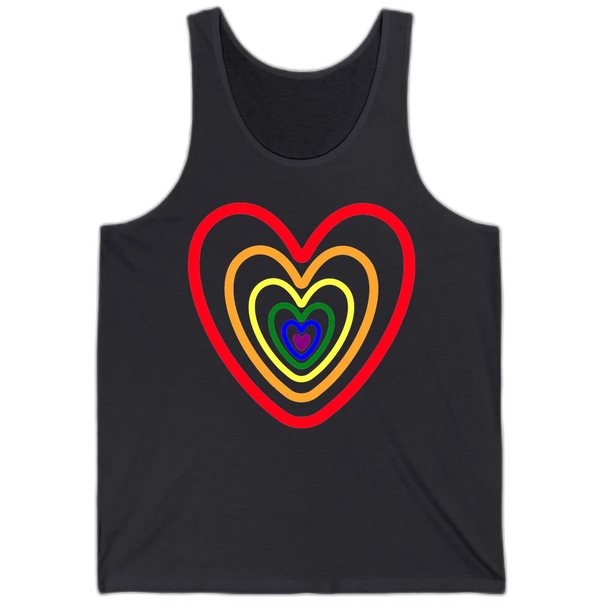 Five nested rainbow heart outlines in red, orange, yellow, green, blue, and purple with a solid purple center heart on gray background in Dark Grey