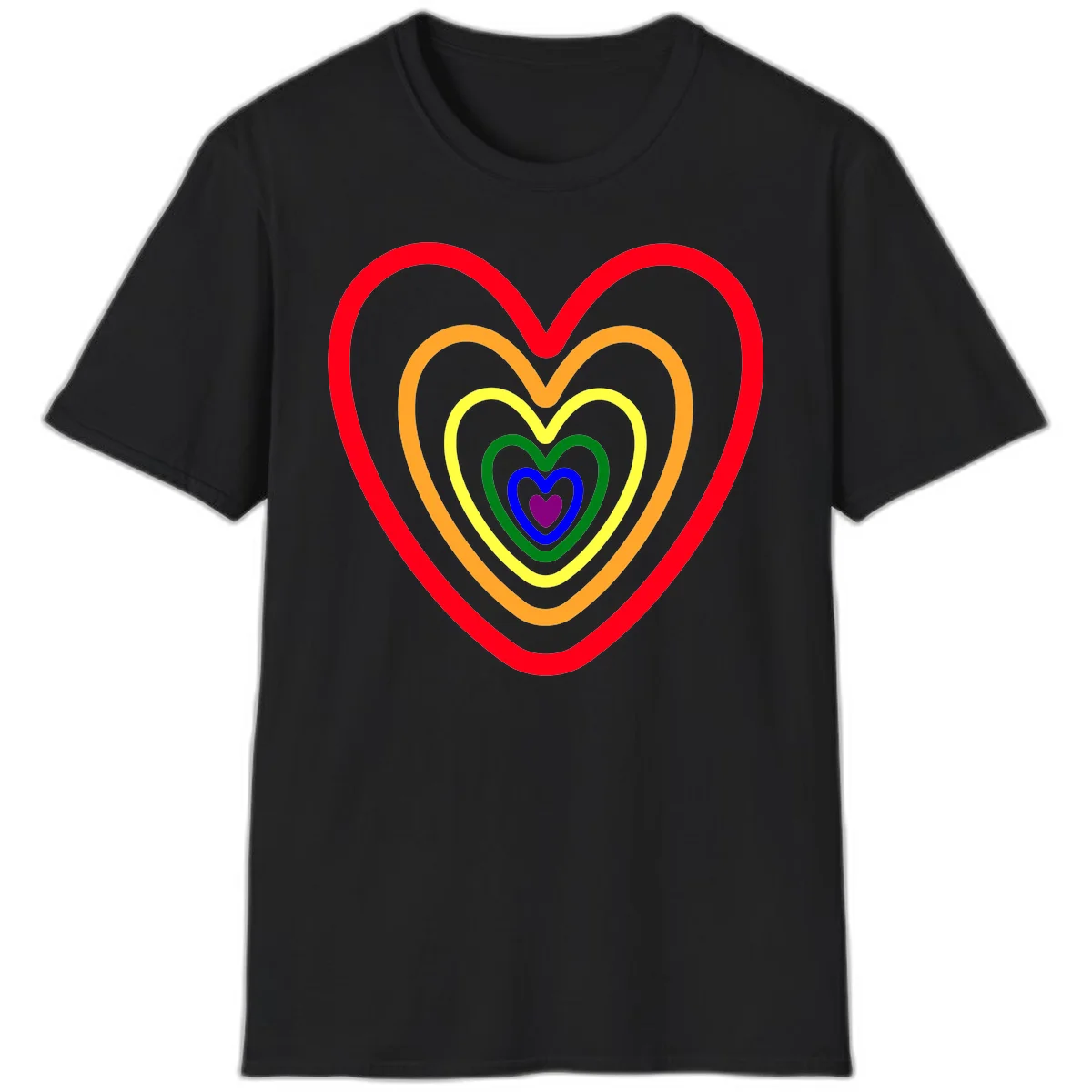 Five nested rainbow heart outlines in red, orange, yellow, green, blue, and purple with a solid purple center heart on gray background in Black