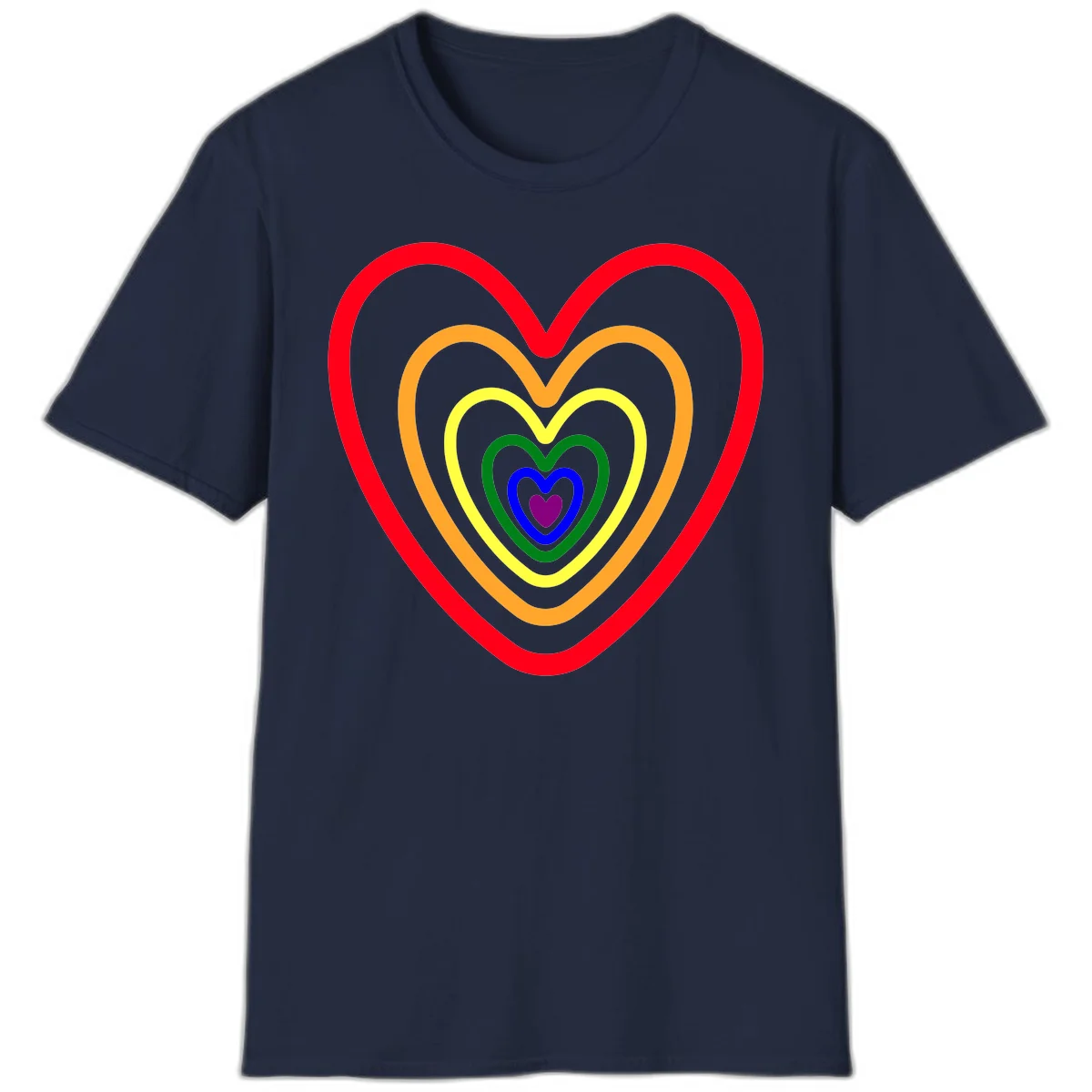 Five nested rainbow heart outlines in red, orange, yellow, green, blue, and purple with a solid purple center heart on gray background in Navy