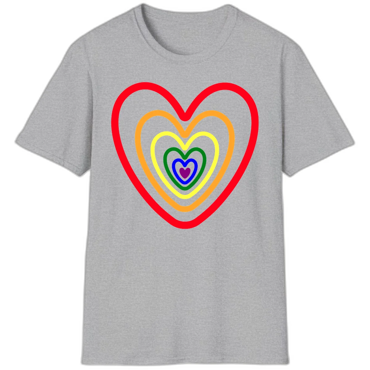 Five nested rainbow heart outlines in red, orange, yellow, green, blue, and purple with a solid purple center heart on gray background in Sport Grey