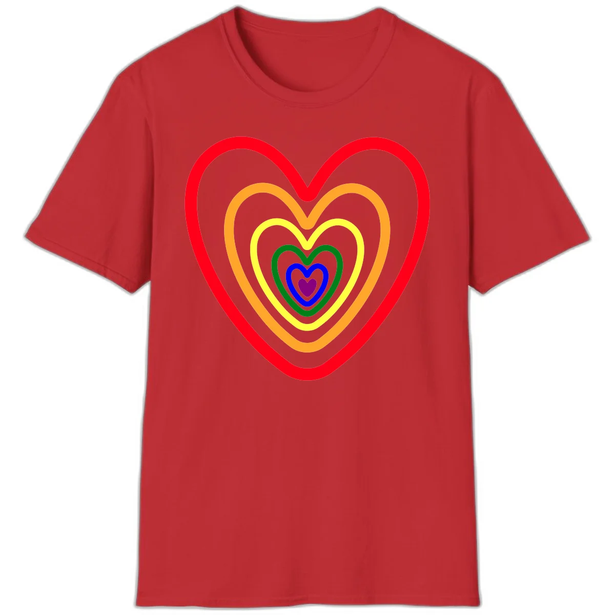Five nested rainbow heart outlines in red, orange, yellow, green, blue, and purple with a solid purple center heart on gray background in Red