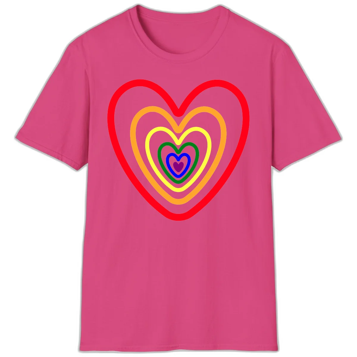 Five nested rainbow heart outlines in red, orange, yellow, green, blue, and purple with a solid purple center heart on gray background in Heliconia