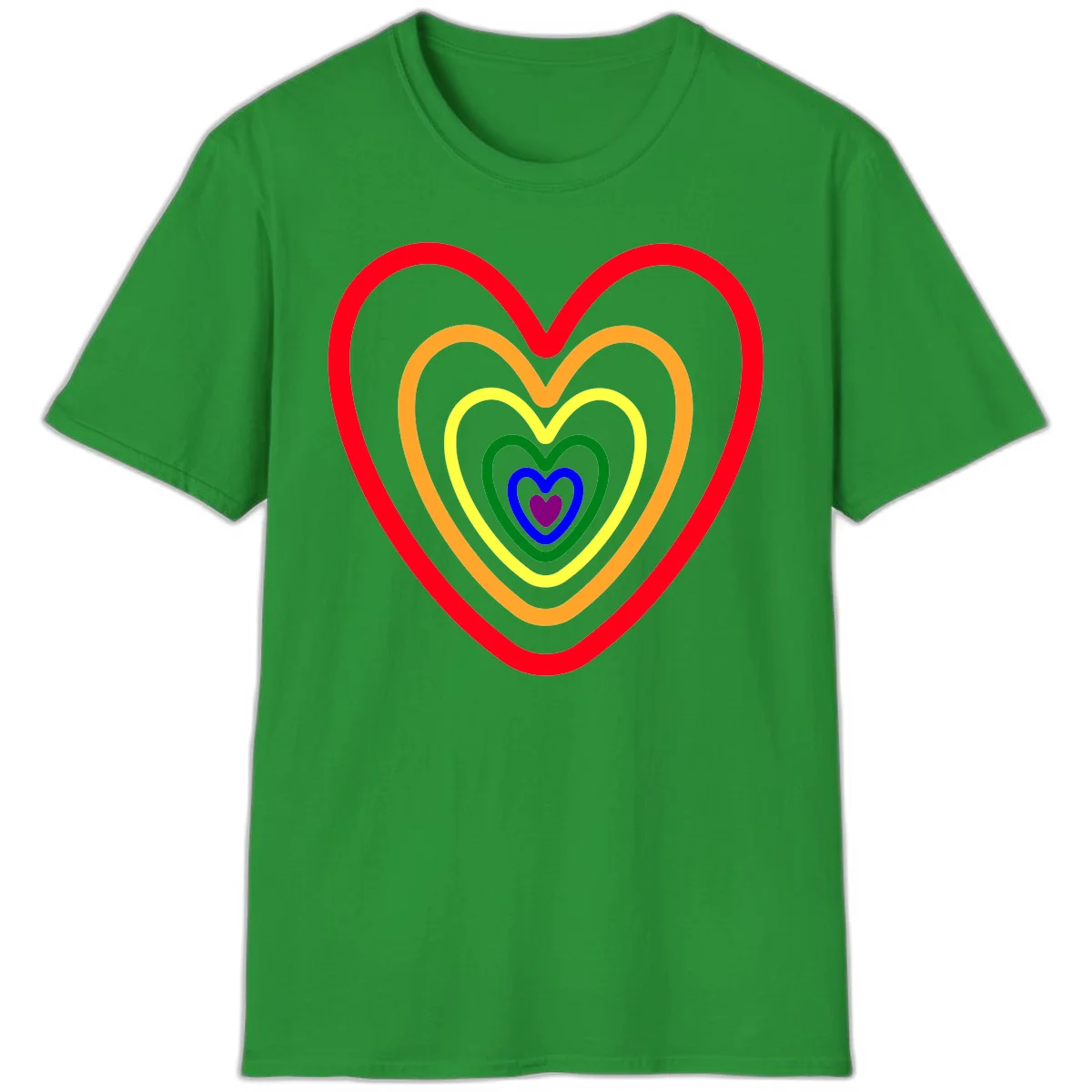 Five nested rainbow heart outlines in red, orange, yellow, green, blue, and purple with a solid purple center heart on gray background in Irish Green