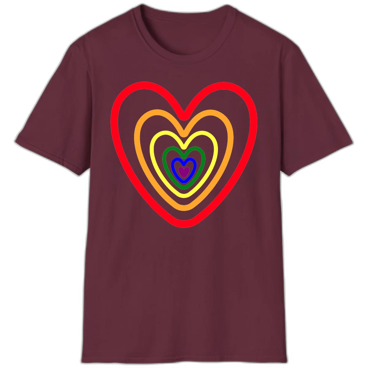 Five nested rainbow heart outlines in red, orange, yellow, green, blue, and purple with a solid purple center heart on gray background in Maroon
