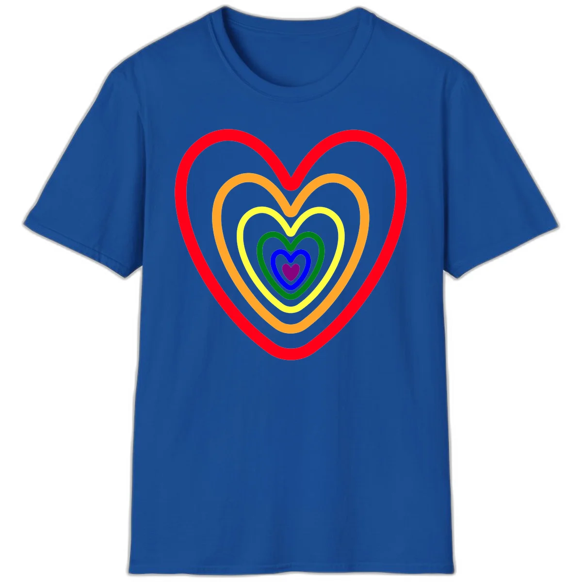 Five nested rainbow heart outlines in red, orange, yellow, green, blue, and purple with a solid purple center heart on gray background in Royal