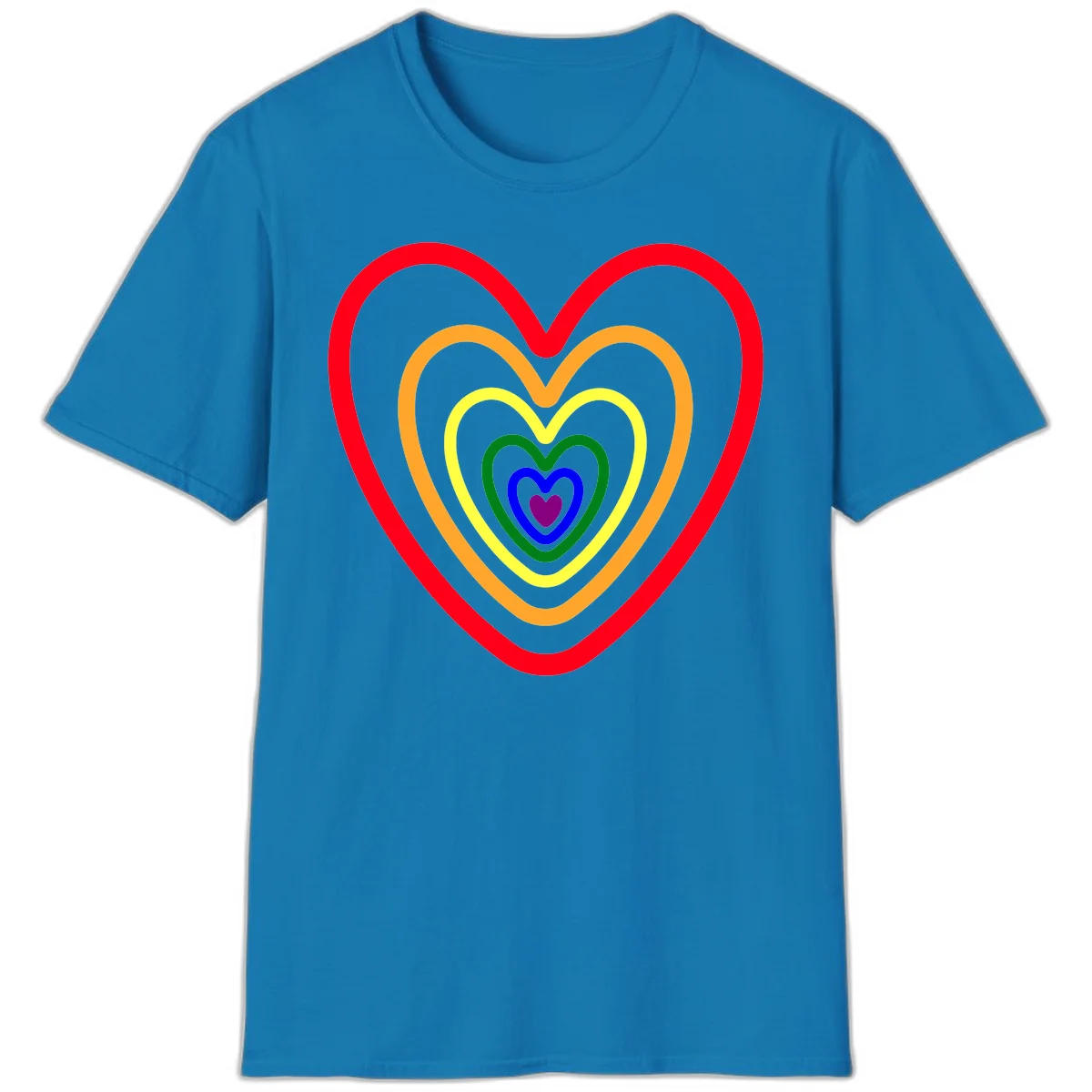 Five nested rainbow heart outlines in red, orange, yellow, green, blue, and purple with a solid purple center heart on gray background in Sapphire
