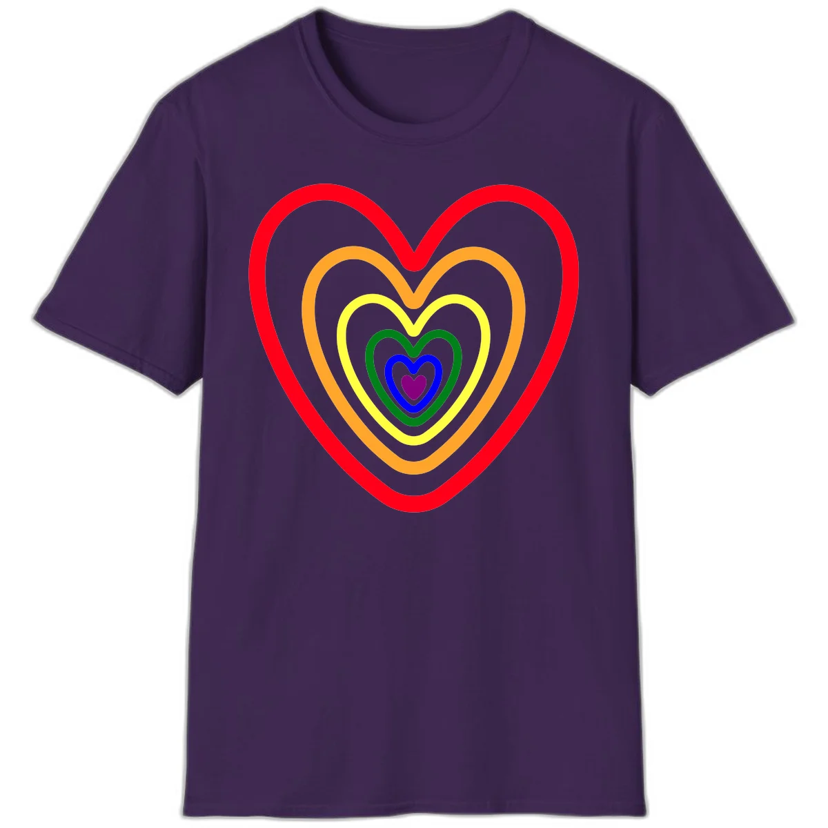 Five nested rainbow heart outlines in red, orange, yellow, green, blue, and purple with a solid purple center heart on gray background in Purple