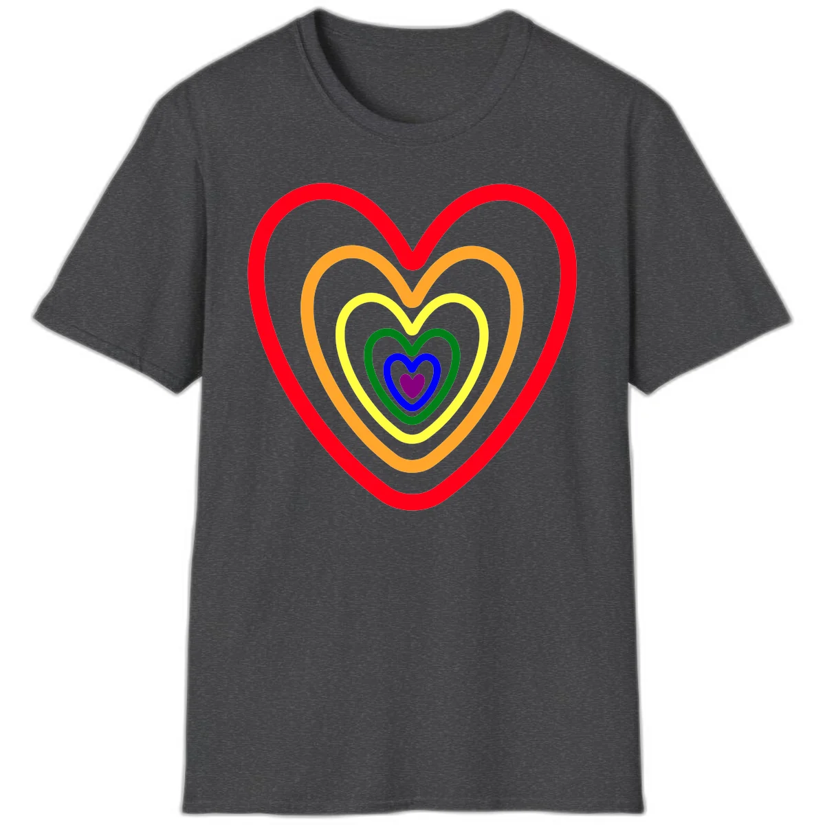 Five nested rainbow heart outlines in red, orange, yellow, green, blue, and purple with a solid purple center heart on gray background in Dark Heather