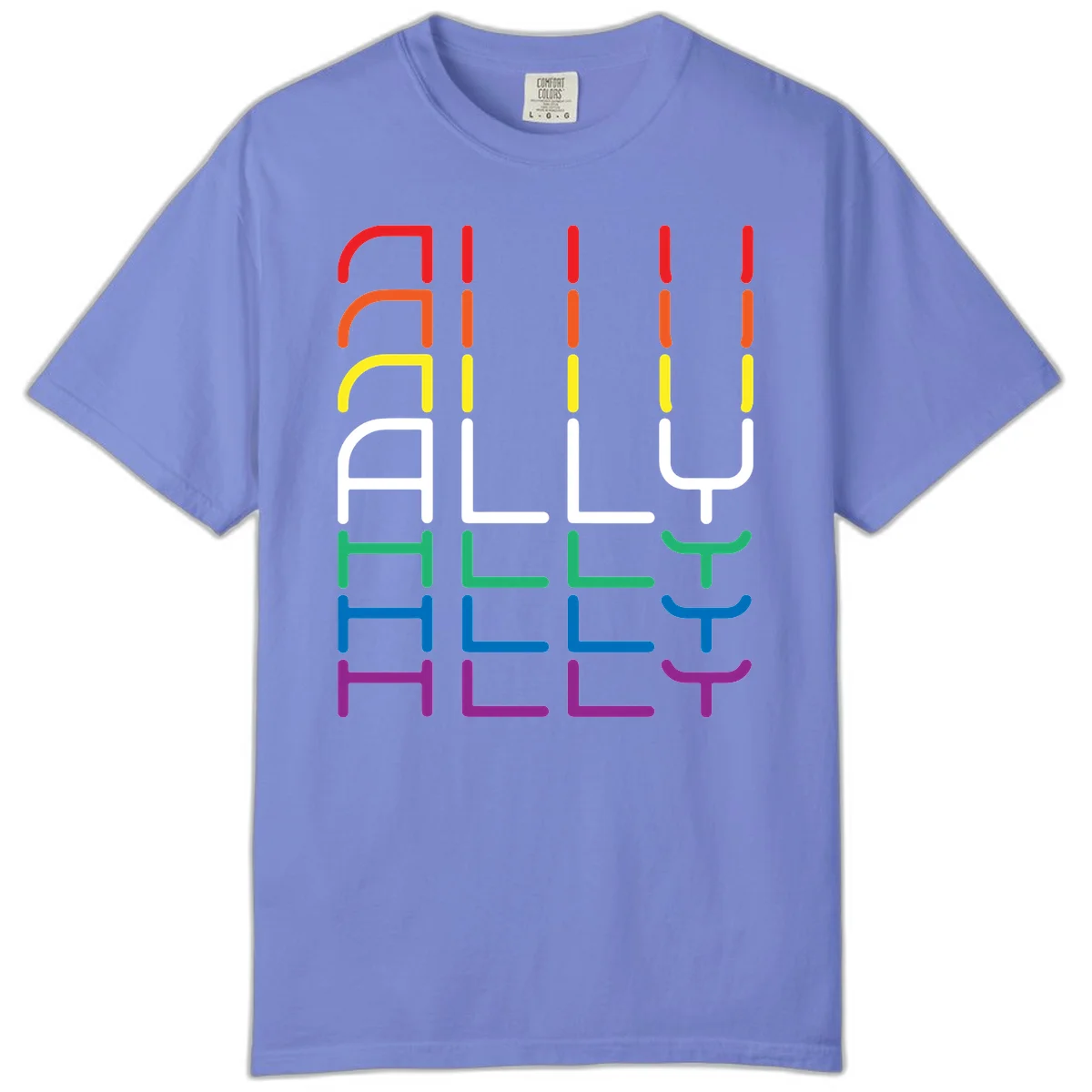 Rainbow pride seating chart design with colorful chair icons arranged in rows representing pride flag colors from red to purple in Flo Blue