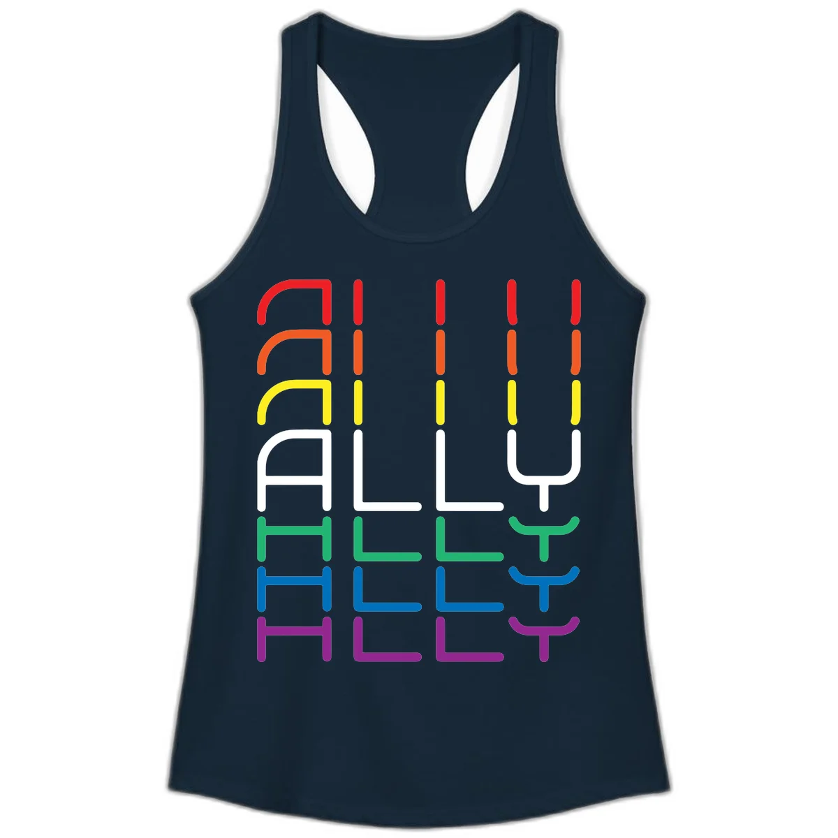 Rainbow pride seating chart design with colorful chair icons arranged in rows representing pride flag colors from red to purple in Solid Midnight Navy