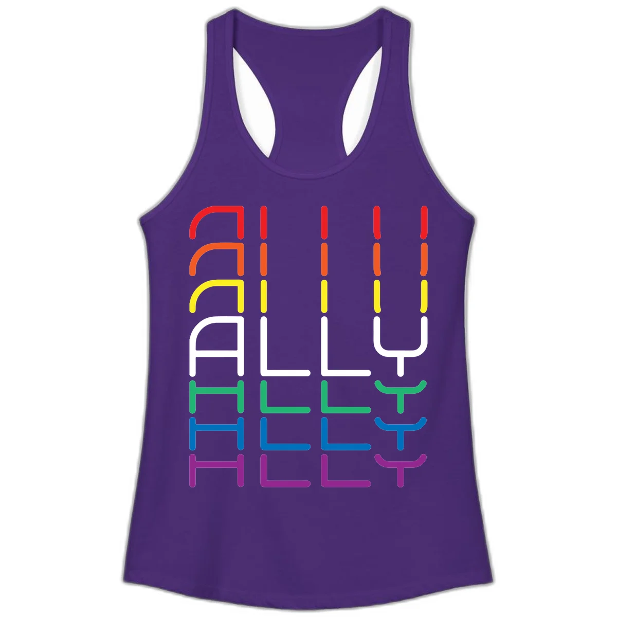 Rainbow pride seating chart design with colorful chair icons arranged in rows representing pride flag colors from red to purple in Solid Purple Rush