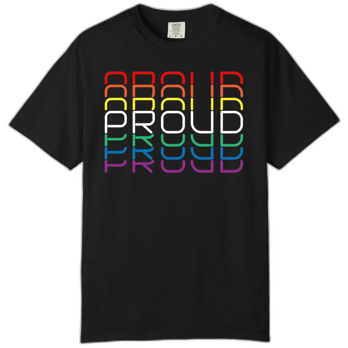 The word PROUD displayed in large rounded letters, each stacked layer colored in rainbow pride spectrum colors from red to purple in Black