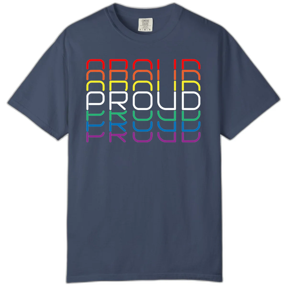 The word PROUD displayed in large rounded letters, each stacked layer colored in rainbow pride spectrum colors from red to purple in Midnight