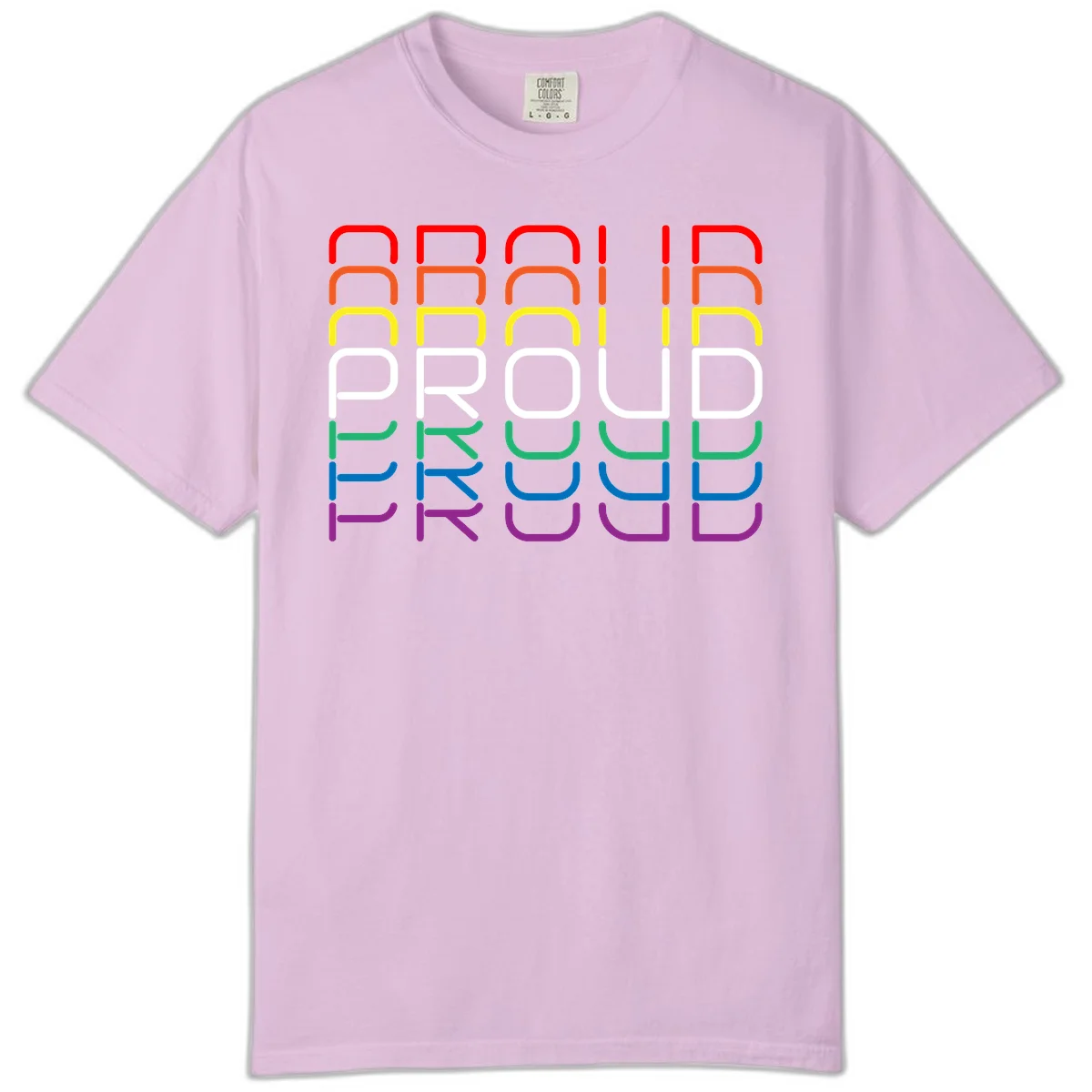 The word PROUD displayed in large rounded letters, each stacked layer colored in rainbow pride spectrum colors from red to purple in Orchid