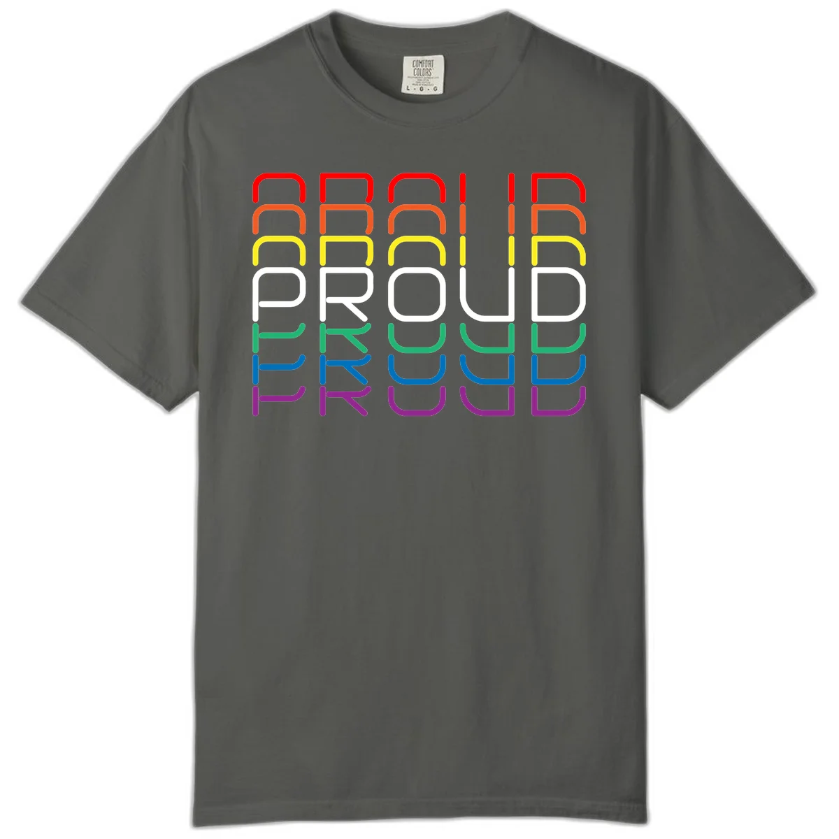 The word PROUD displayed in large rounded letters, each stacked layer colored in rainbow pride spectrum colors from red to purple in Pepper