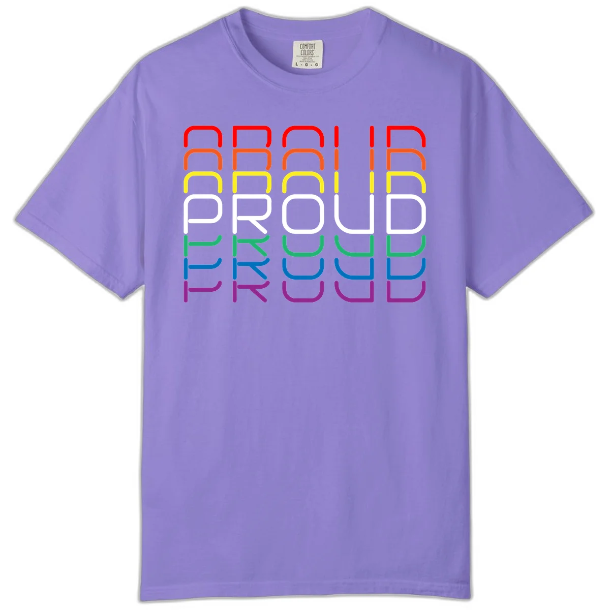 The word PROUD displayed in large rounded letters, each stacked layer colored in rainbow pride spectrum colors from red to purple in Violet