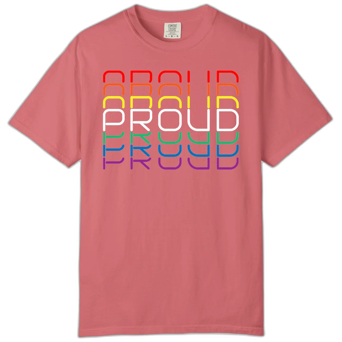 The word PROUD displayed in large rounded letters, each stacked layer colored in rainbow pride spectrum colors from red to purple in Watermelon