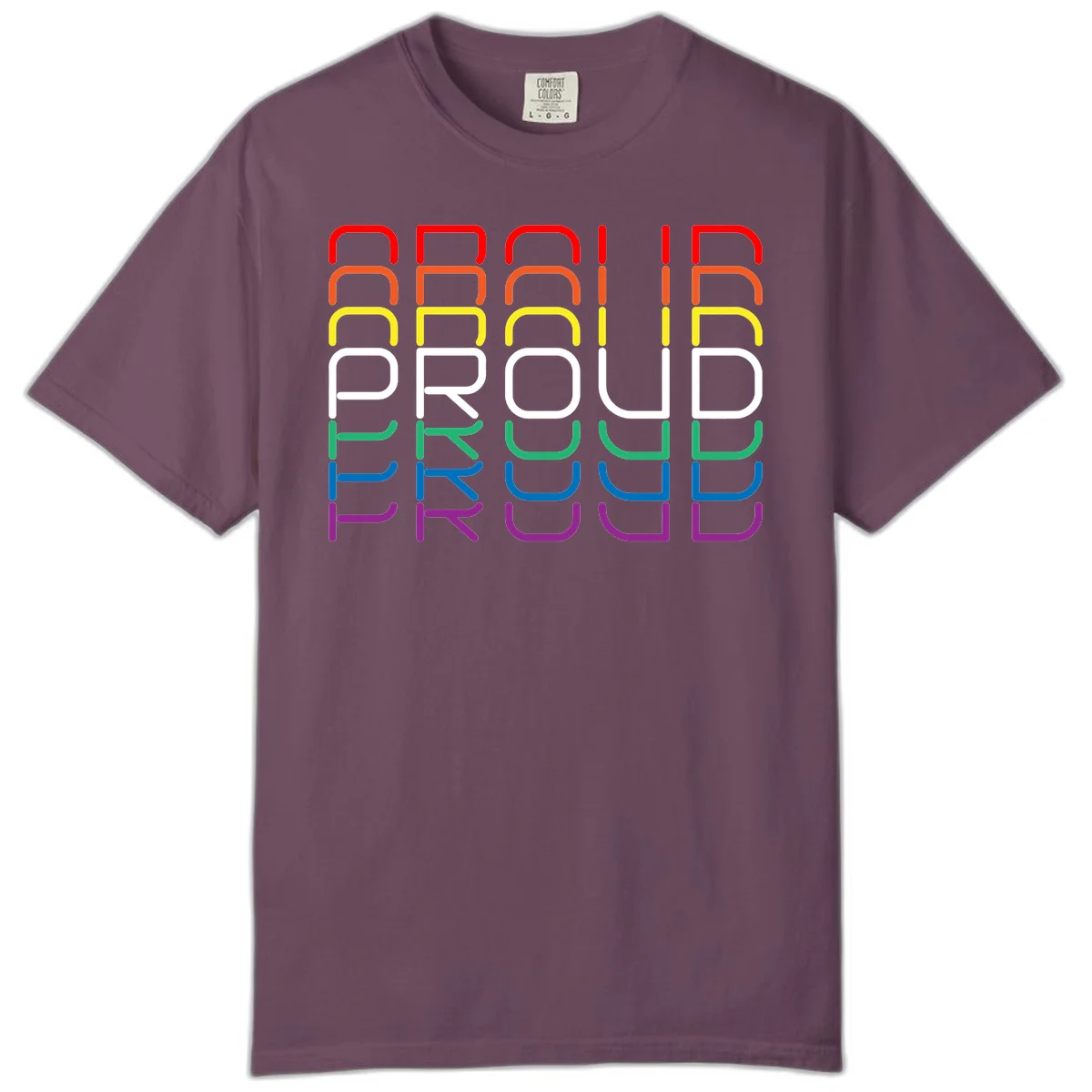 The word PROUD displayed in large rounded letters, each stacked layer colored in rainbow pride spectrum colors from red to purple in Berry