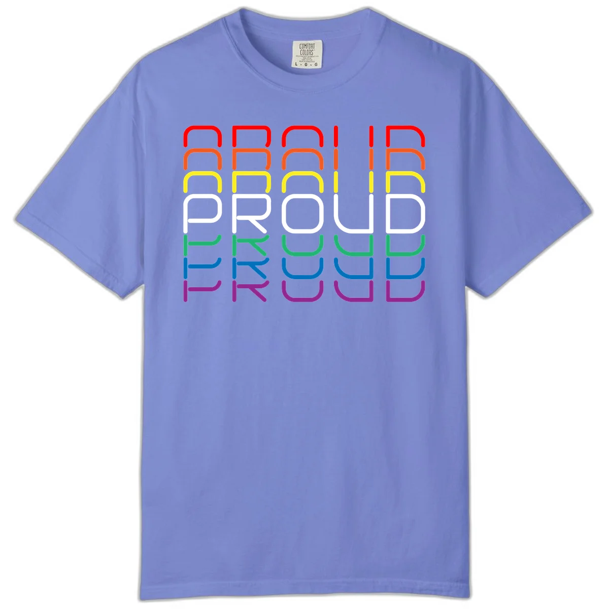 The word PROUD displayed in large rounded letters, each stacked layer colored in rainbow pride spectrum colors from red to purple in Flo Blue