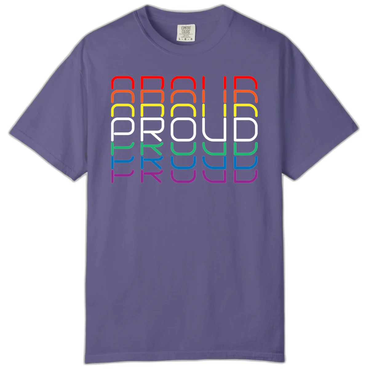 The word PROUD displayed in large rounded letters, each stacked layer colored in rainbow pride spectrum colors from red to purple in Grape